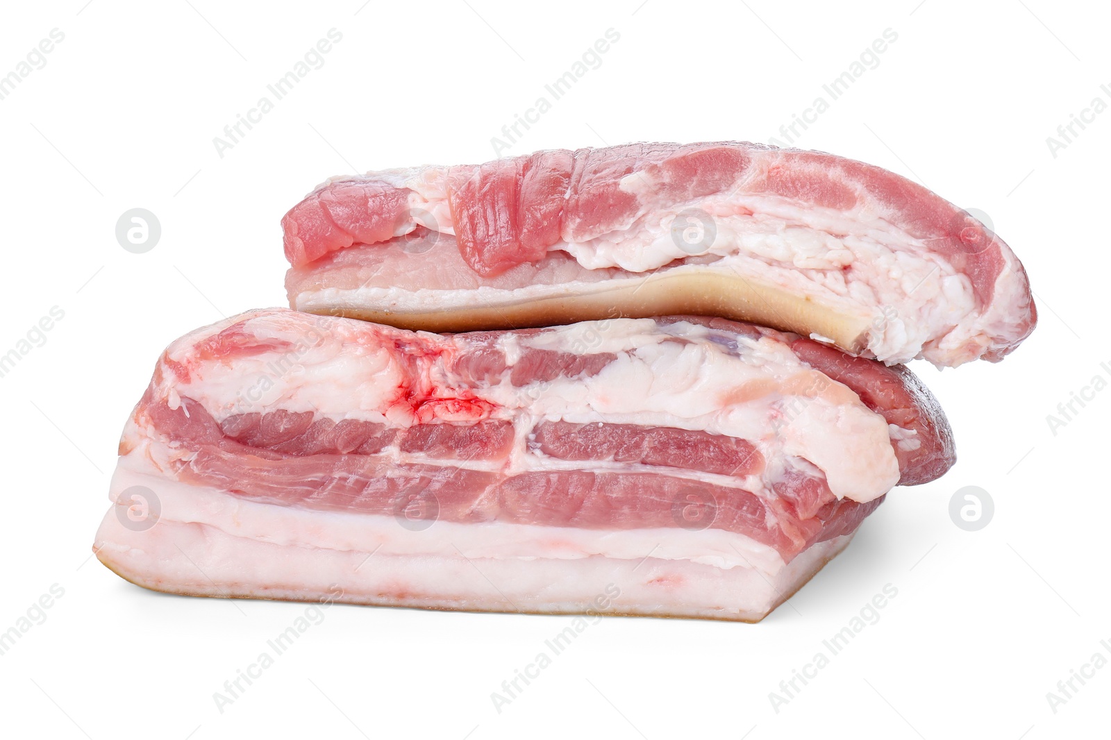 Photo of Pieces of raw pork belly isolated on white