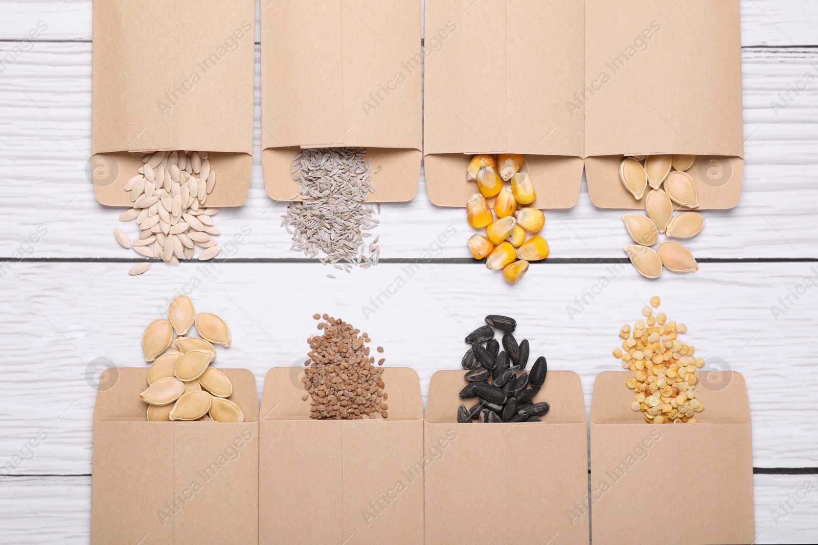 Photo of Many different vegetable seeds on white wooden table, flat lay