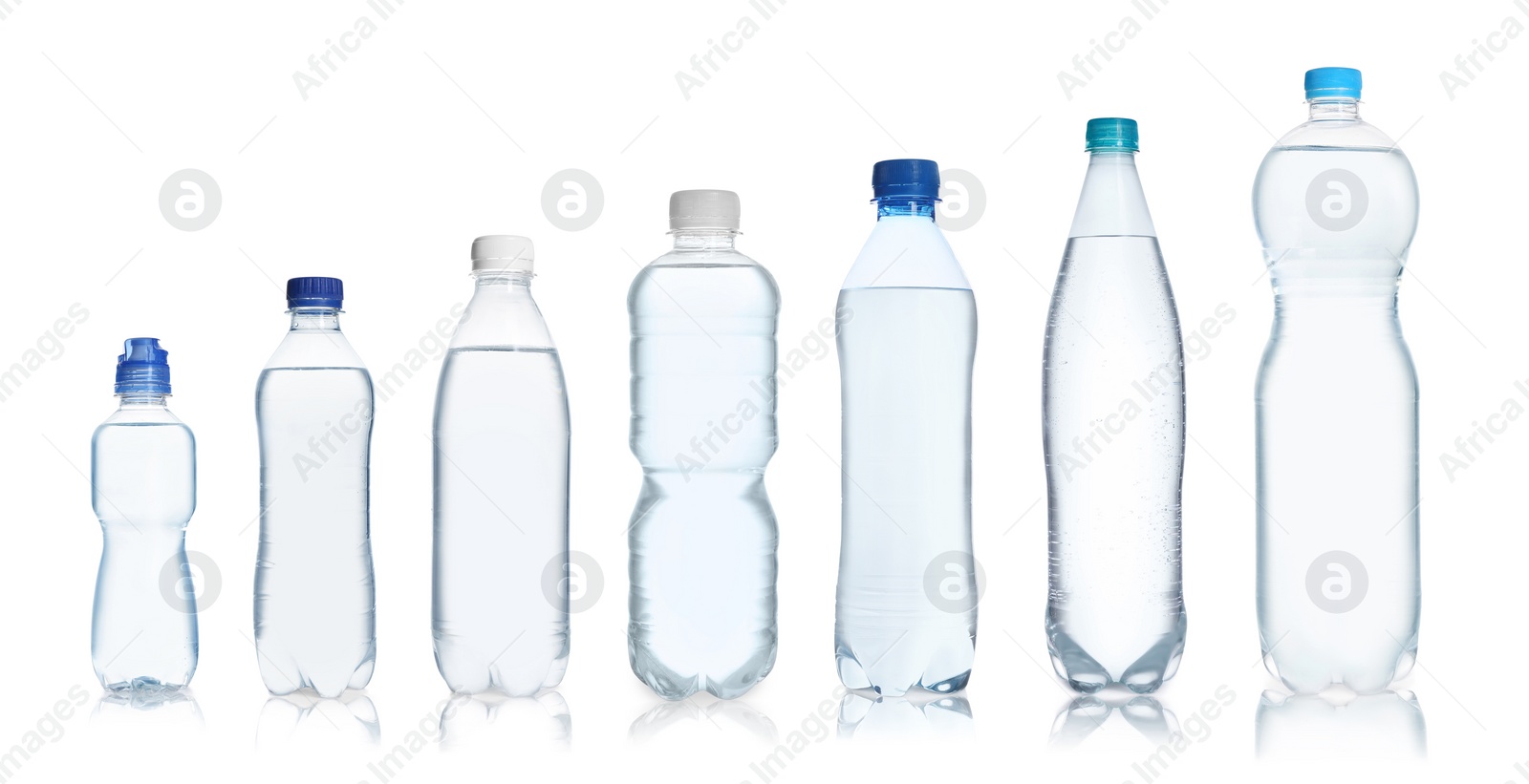 Image of Set with different bottles of pure water on white background. Banner design