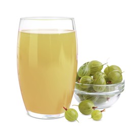 Photo of Tasty gooseberry juice and fresh berries isolated on white