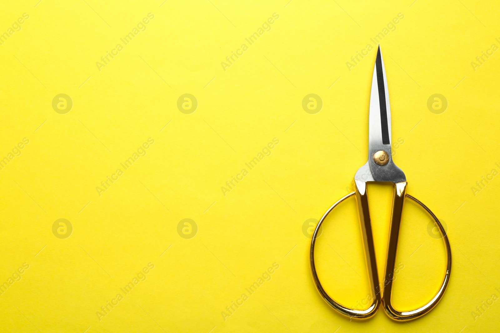 Photo of Pair of sharp scissors on color background, top view. Space for text