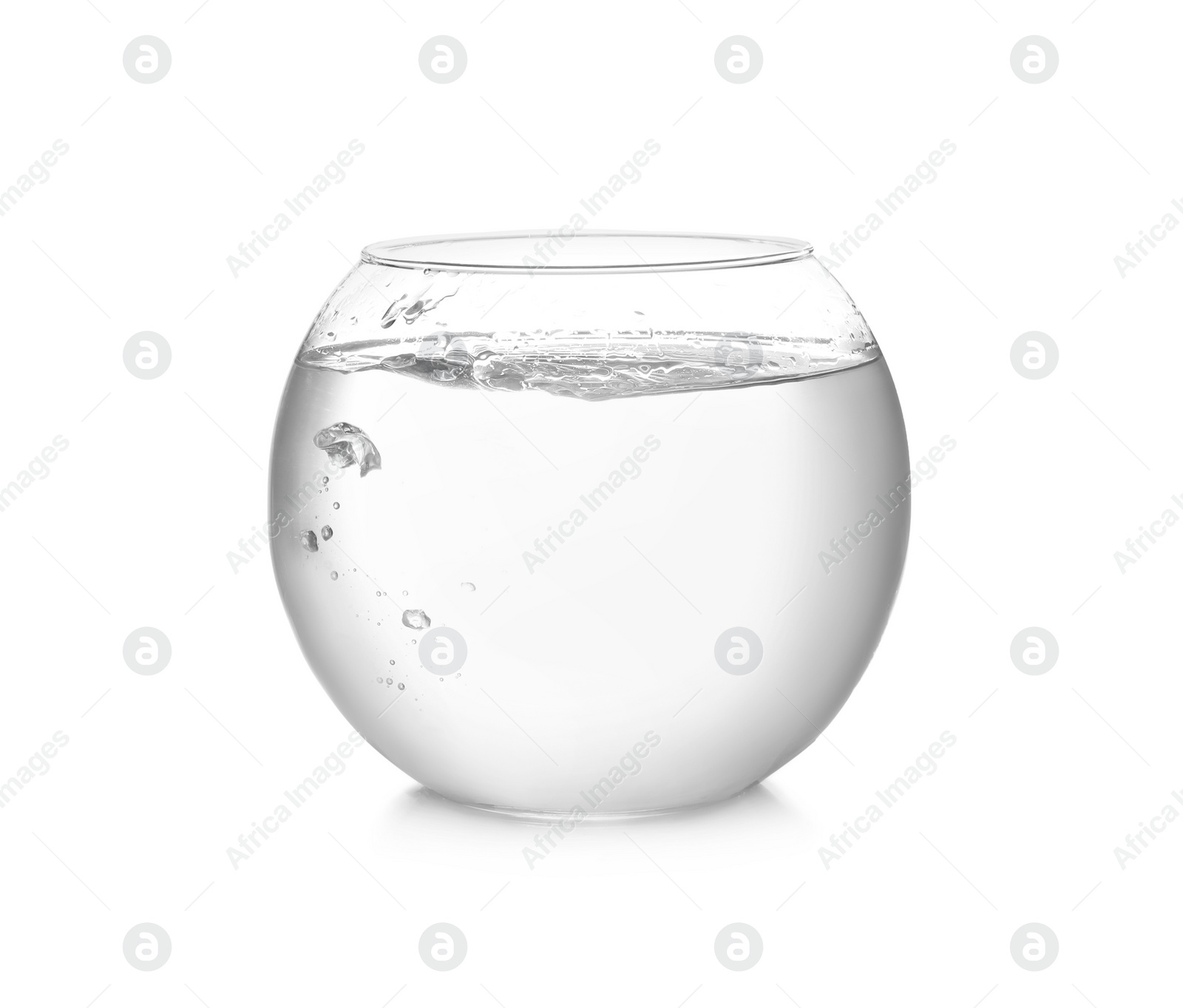 Photo of Round fish bowl filled with water on white background