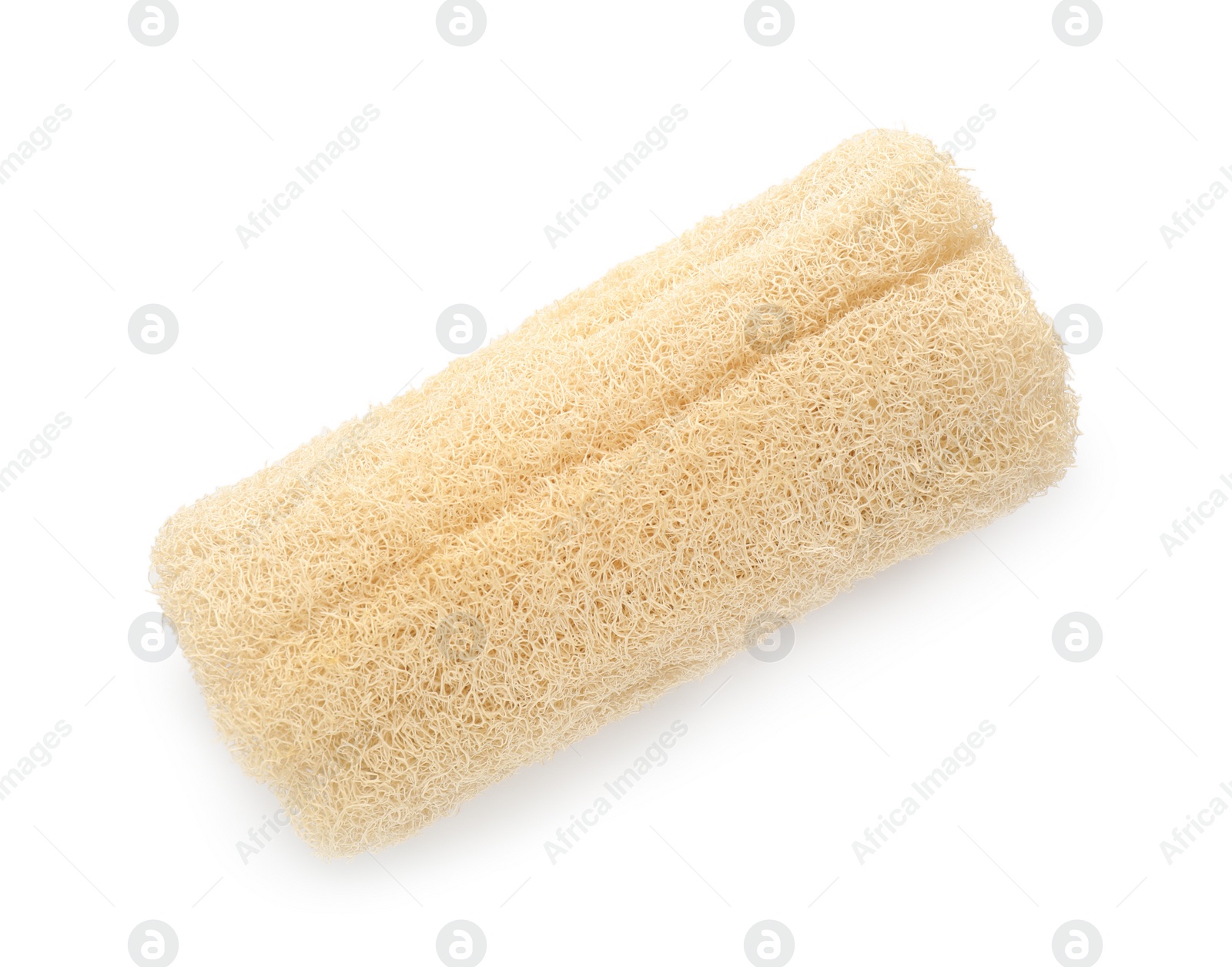 Photo of One natural loofah sponge isolated on white, top view