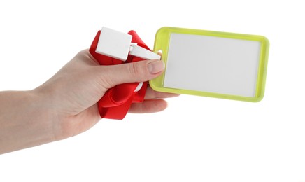 Photo of Woman holding blank badge with string on white background