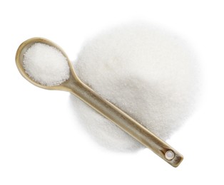 Spoon with granulated sugar isolated on white, top view