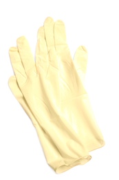 Medical gloves on white background, top view