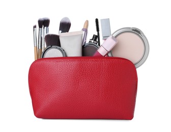 Photo of Different luxury decorative cosmetics and brushes in red case on white background