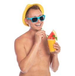 Photo of Shirtless man with glass of cocktail on white background