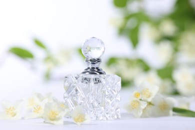 Aromatic perfume in bottle and beautiful jasmine flowers on white background