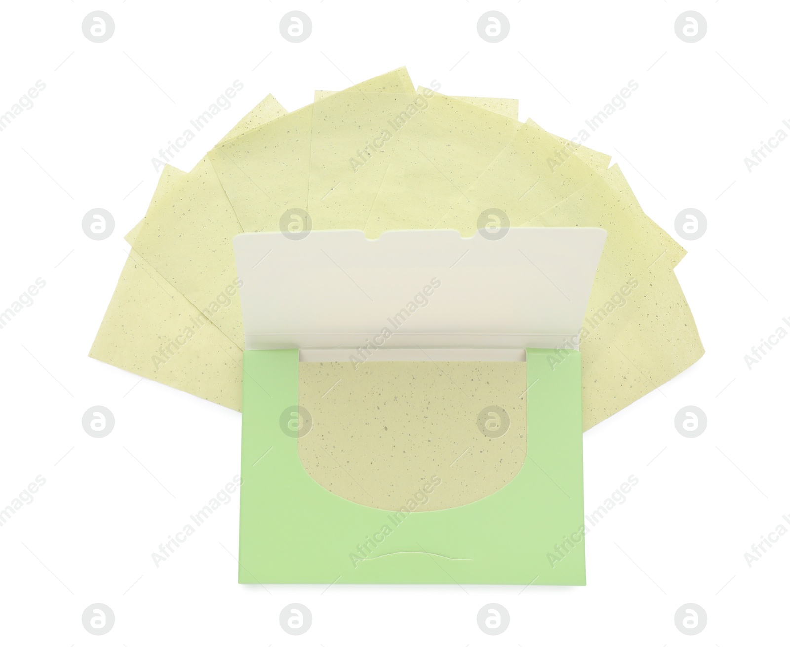 Photo of Package with facial oil blotting tissues on white background, top view. Mattifying wipes