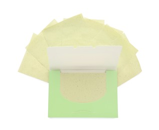 Photo of Package with facial oil blotting tissues on white background, top view. Mattifying wipes