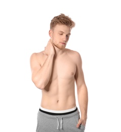 Photo of Portrait of young man with slim body on white background