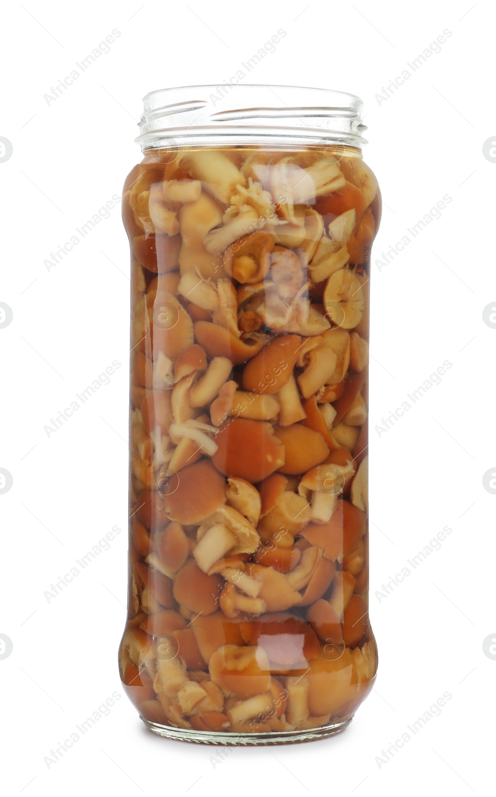 Photo of Glass jar with pickled mushrooms isolated on white