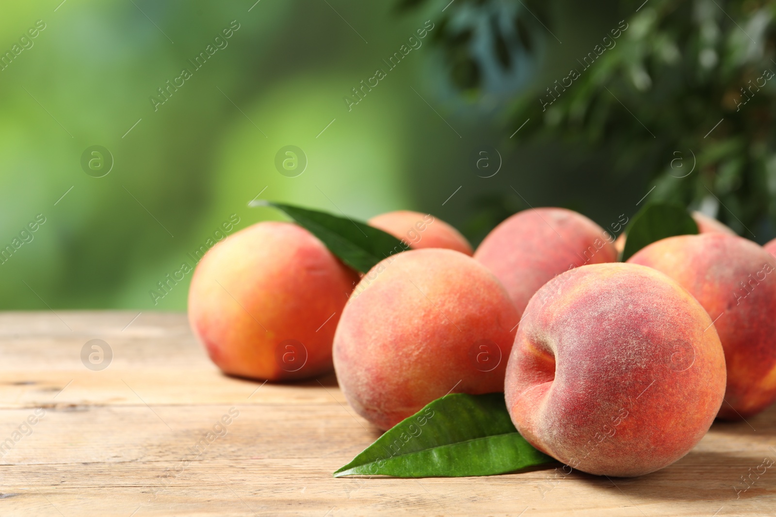 Photo of Many whole fresh ripe peaches and green leaves on wooden table against blurred background, closeup. Space for text