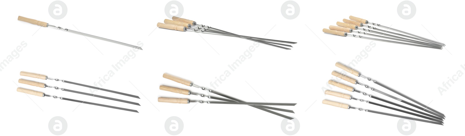 Image of Set with metal skewers on white background. Banner design