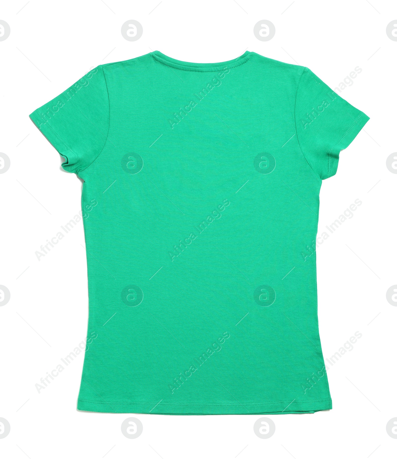 Photo of Stylish green female T-shirt isolated on white, top view