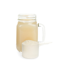 Photo of Protein shake and powder isolated on white