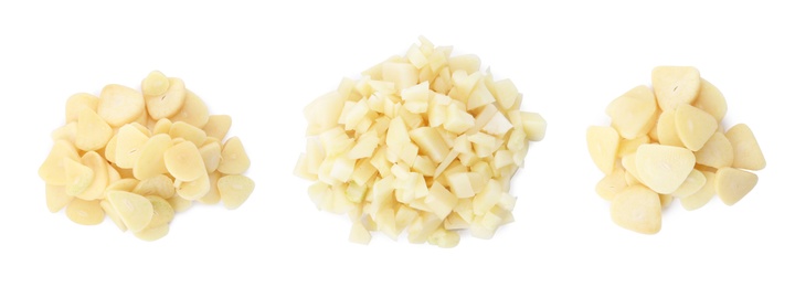 Image of Set of cut garlic on white background, top view. Banner design