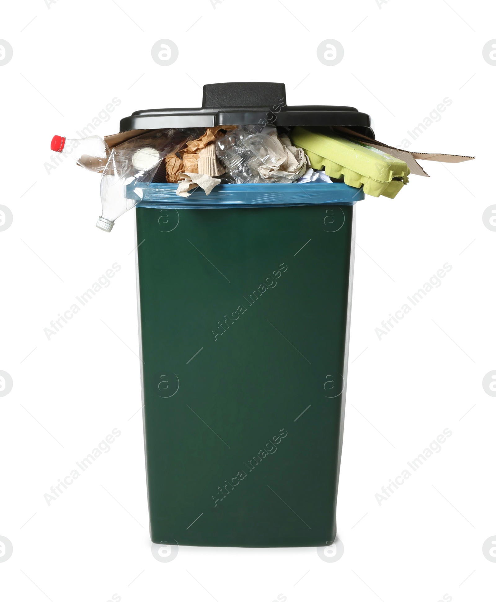 Photo of Trash bin with garbage on white background. Waste recycling