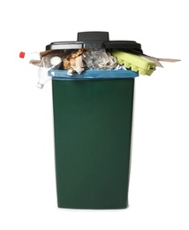 Photo of Trash bin with garbage on white background. Waste recycling