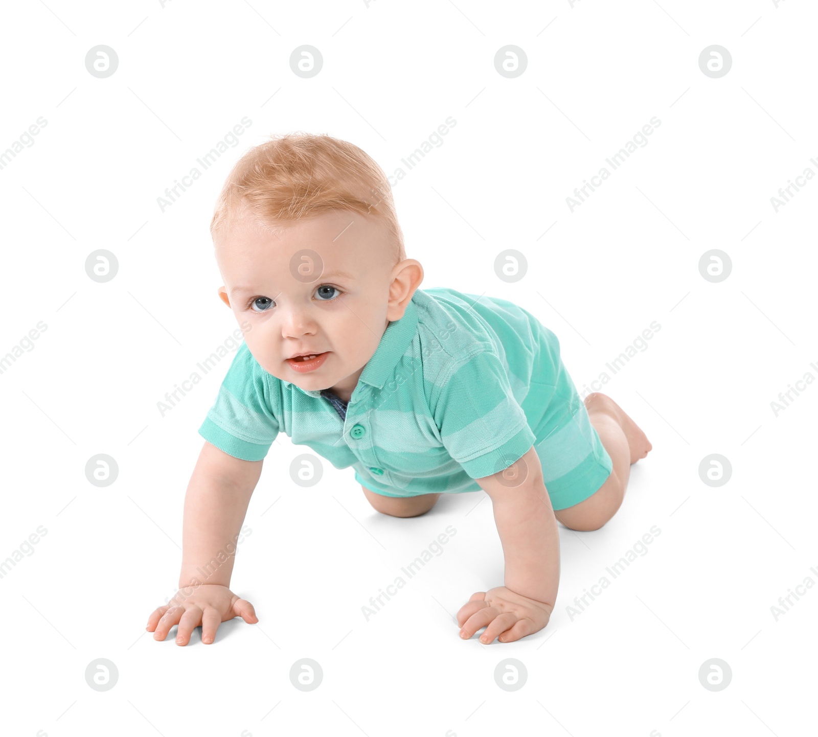 Photo of Cute little baby crawling on white background