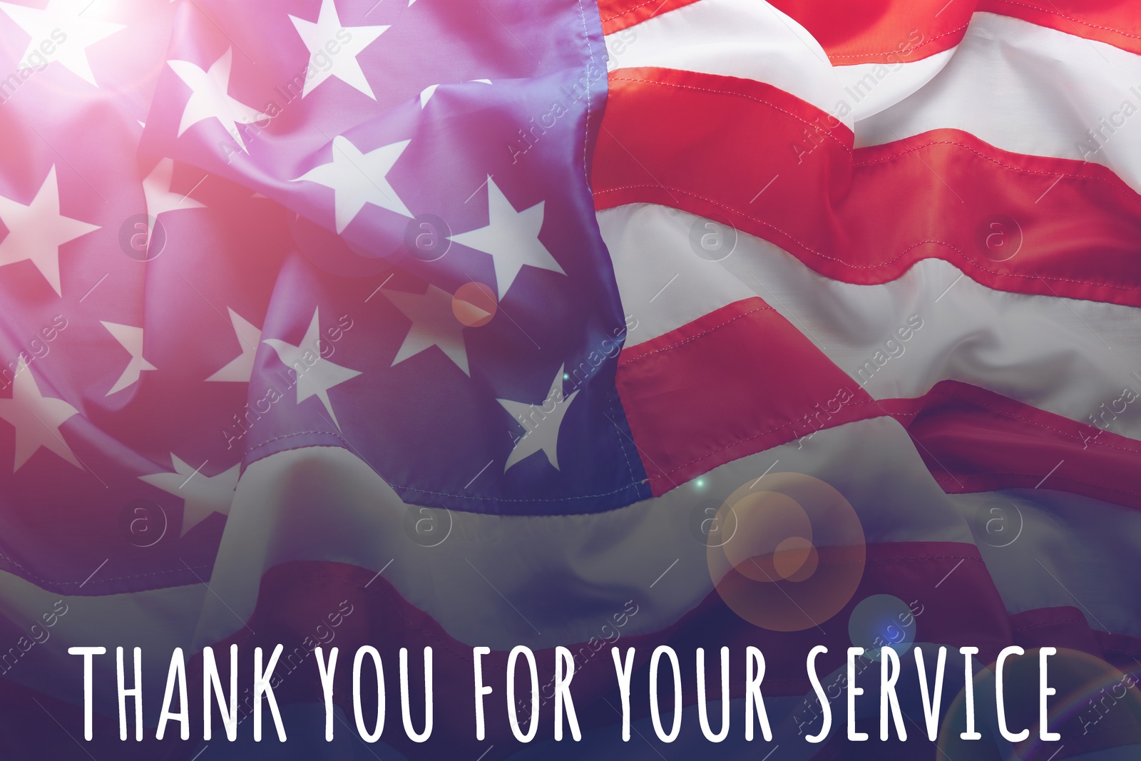 Image of American flag as background and text THANK YOU FOR YOUR SERVICE., closeup. Memorial day