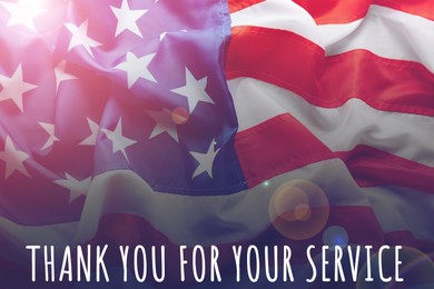 Image of American flag as background and text THANK YOU FOR YOUR SERVICE., closeup. Memorial day
