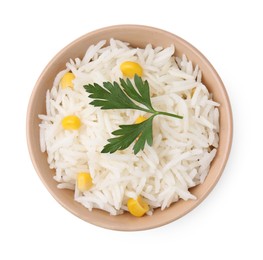 Photo of Delicious rice with corn kernels and parsley isolated on white, top view