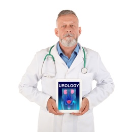 Photo of Male doctor holding tablet with urinary system on screen against white background