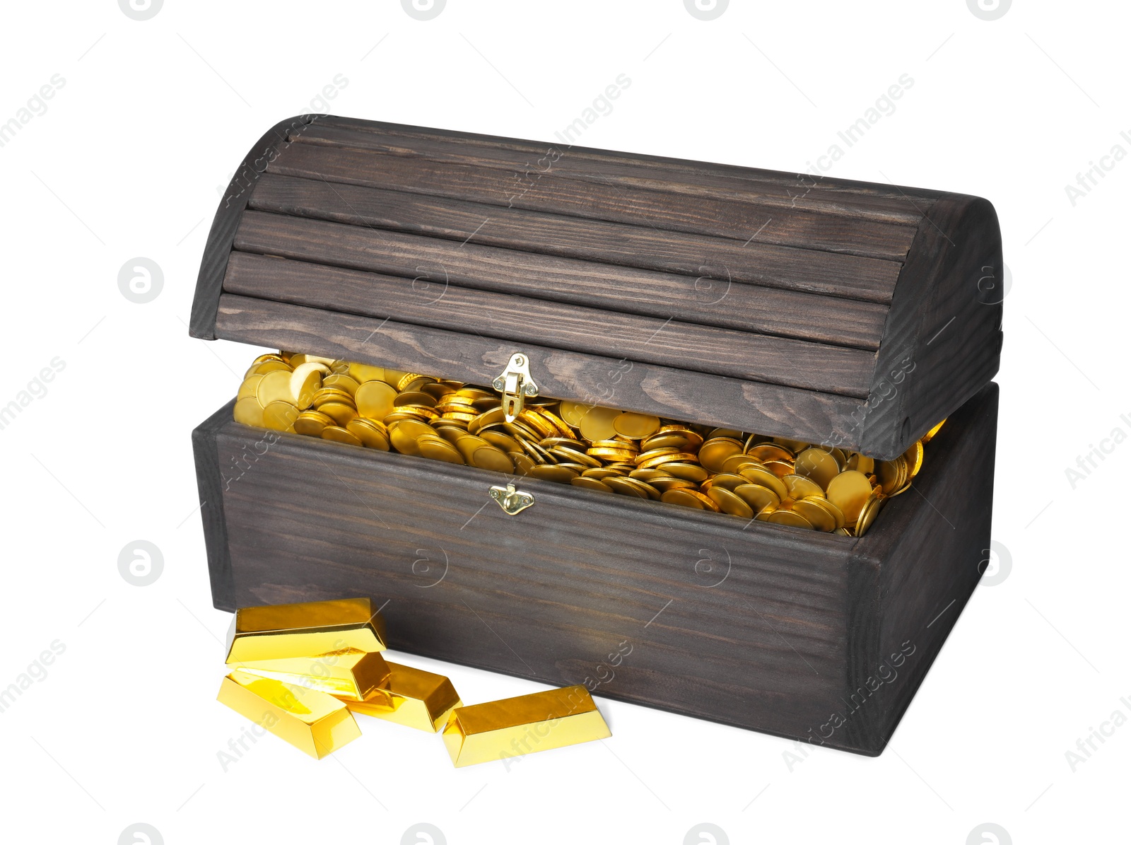 Image of Open treasure chest with coins and gold bars isolated on white