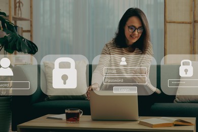 Image of Privacy protection. Woman using smartphone and laptop at home. Digital login interface and illustration of padlock