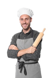 Photo of Professional chef holding rolling pin on white background