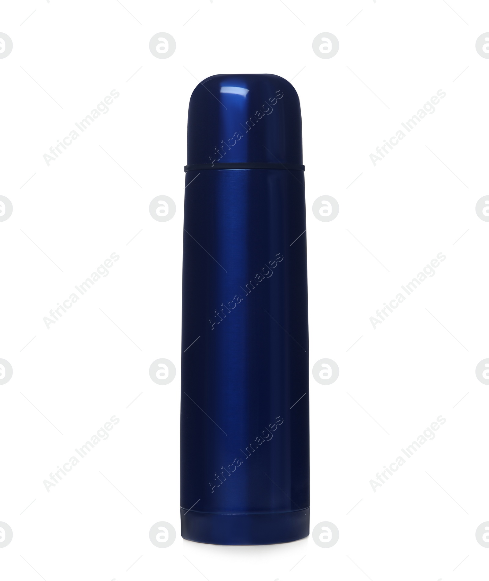 Photo of Modern closed blue thermos isolated on white