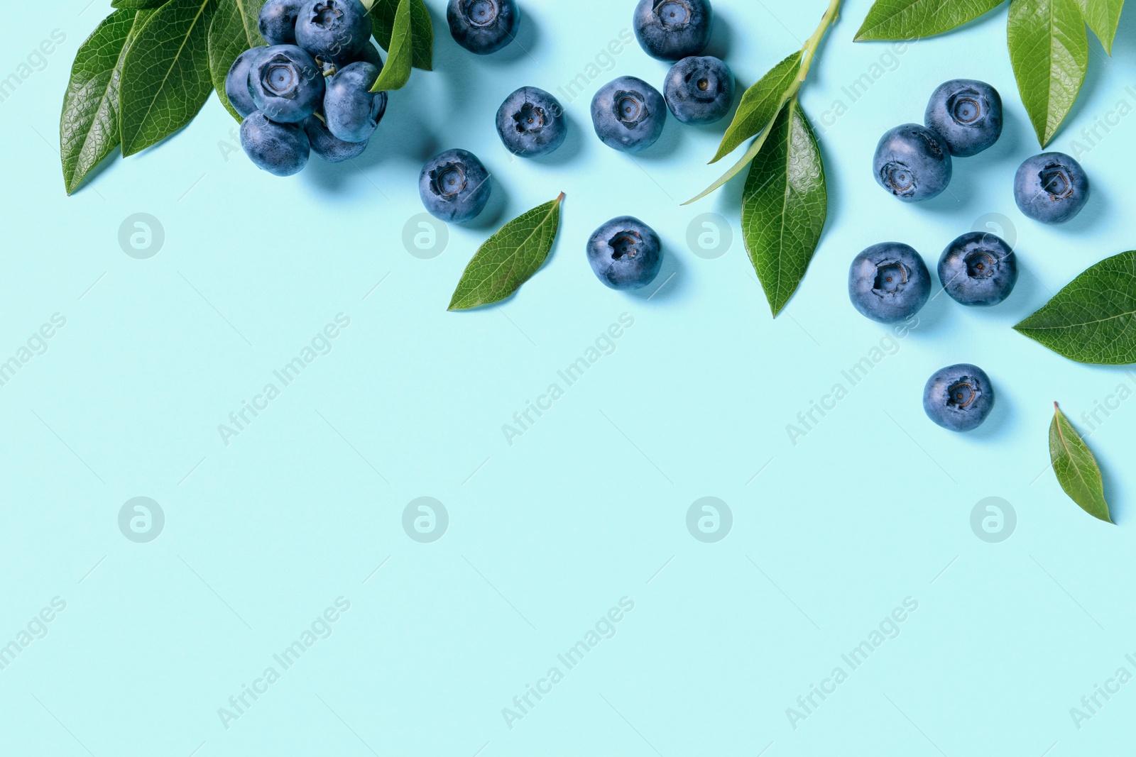 Photo of Tasty fresh blueberries with green leaves on light blue background, flat lay. Space for text