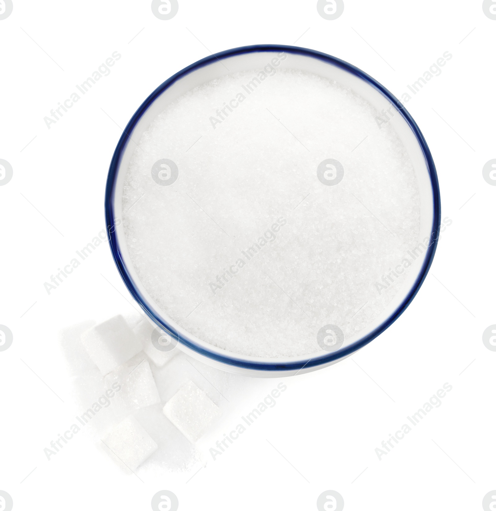 Photo of Granulated and cubed sugar with bowl on white background, top view