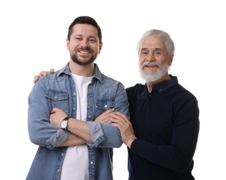 Happy son and his dad on white background