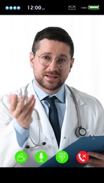 Image of Online medical consultation. Doctor working via video chat application