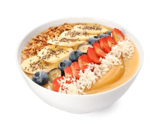 Photo of Delicious smoothie bowl with fresh berries, banana, coconut flakes and granola on white background