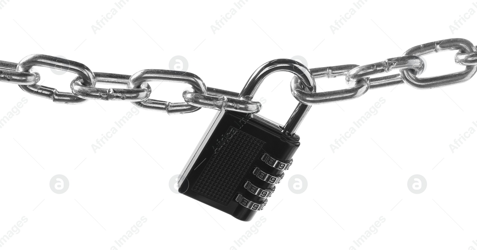 Photo of Steel combination padlock and chain isolated on white