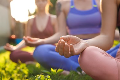 Photo of Women meditating on green grass outdoors, closeup. Morning yoga