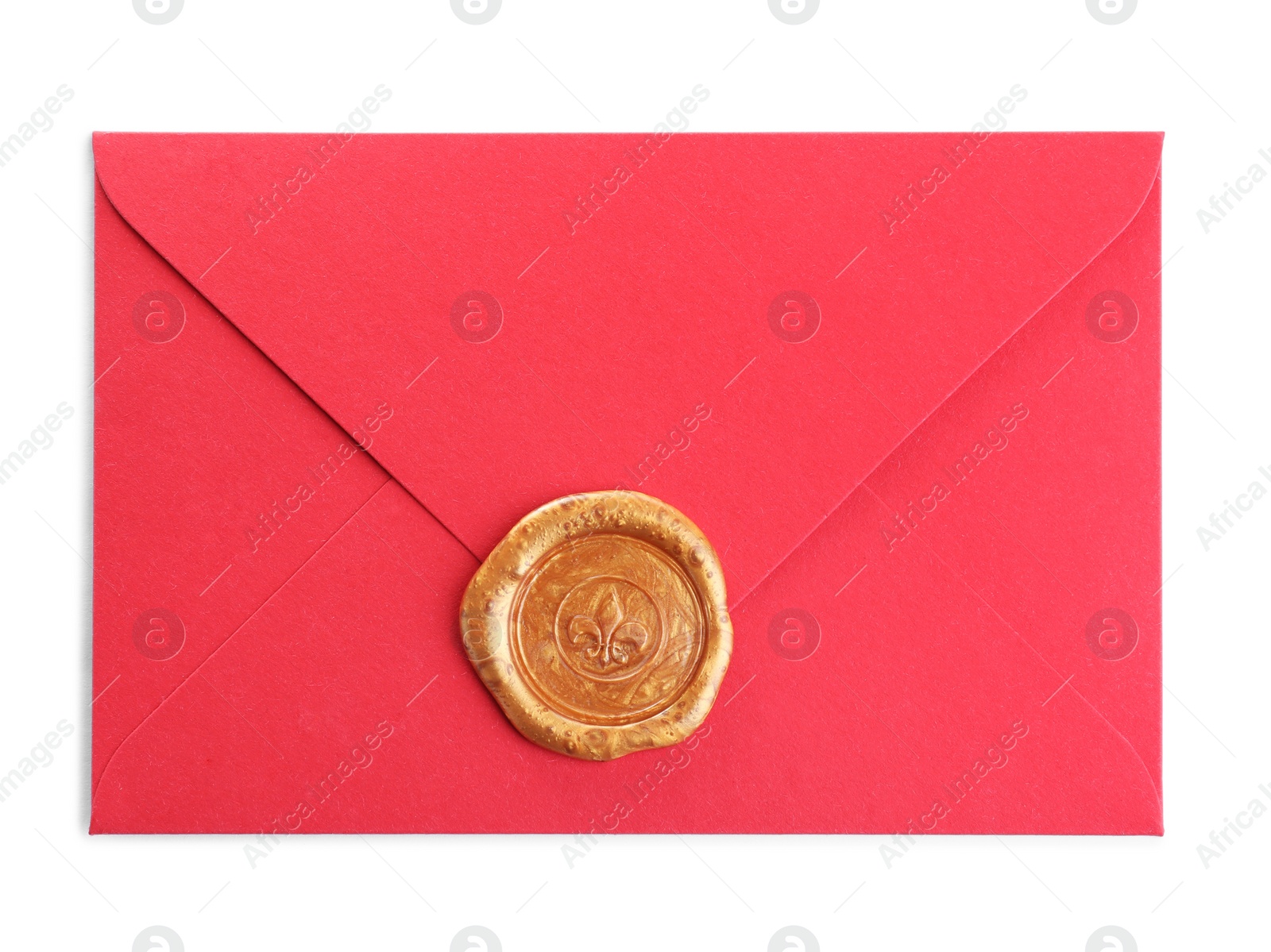 Photo of Red envelope with wax seal isolated on white, top view