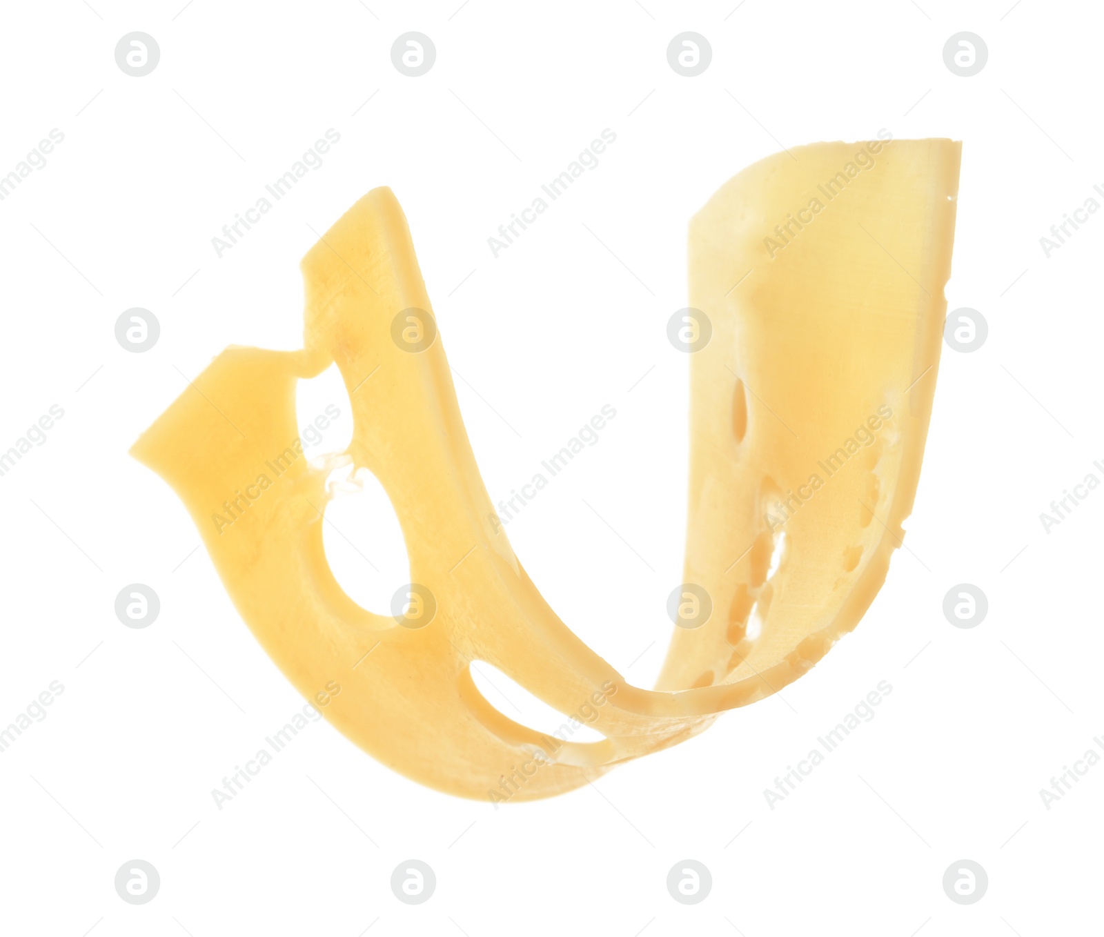 Photo of Slice of tasty cheese on white background