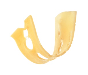 Photo of Slice of tasty cheese on white background