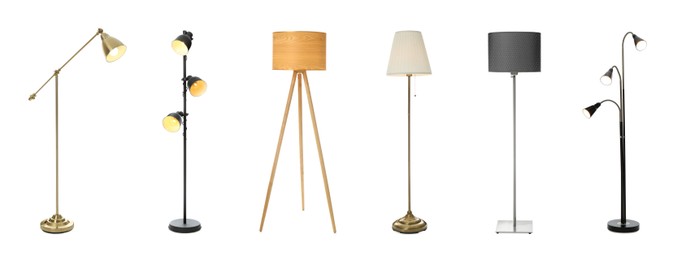 Image of Set with different stylish floor lamps on white background. Banner design 