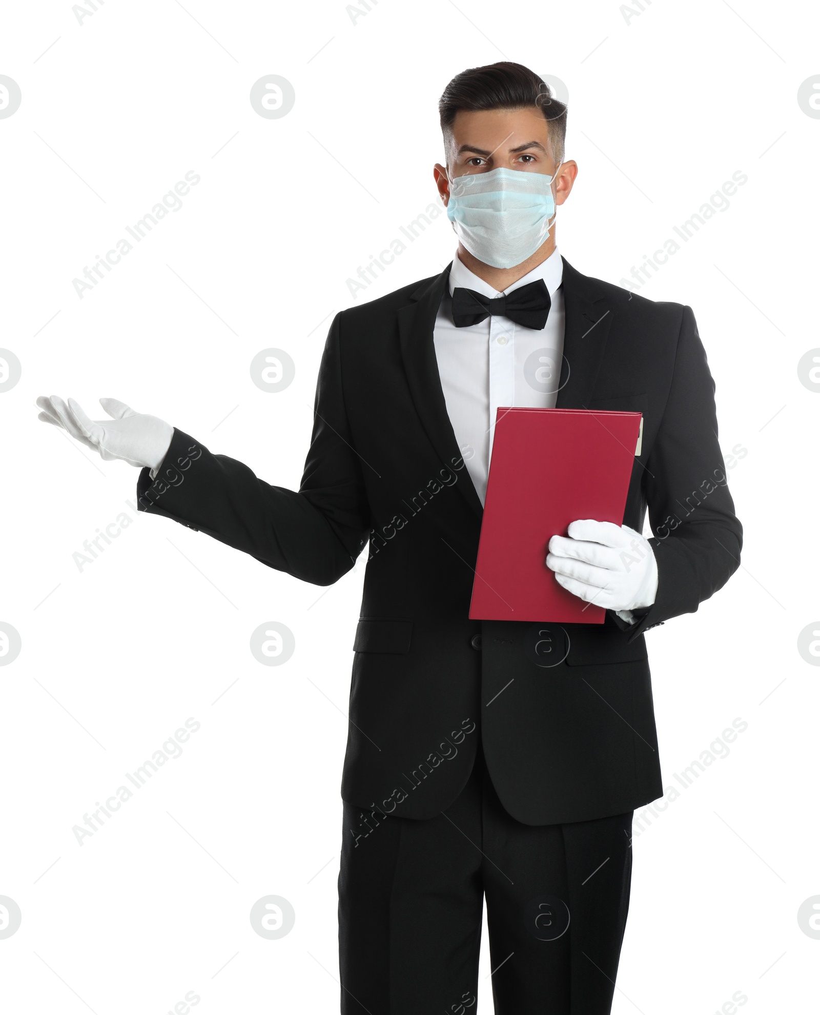 Photo of Waiter in medical face mask with menu on white background