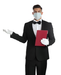 Photo of Waiter in medical face mask with menu on white background