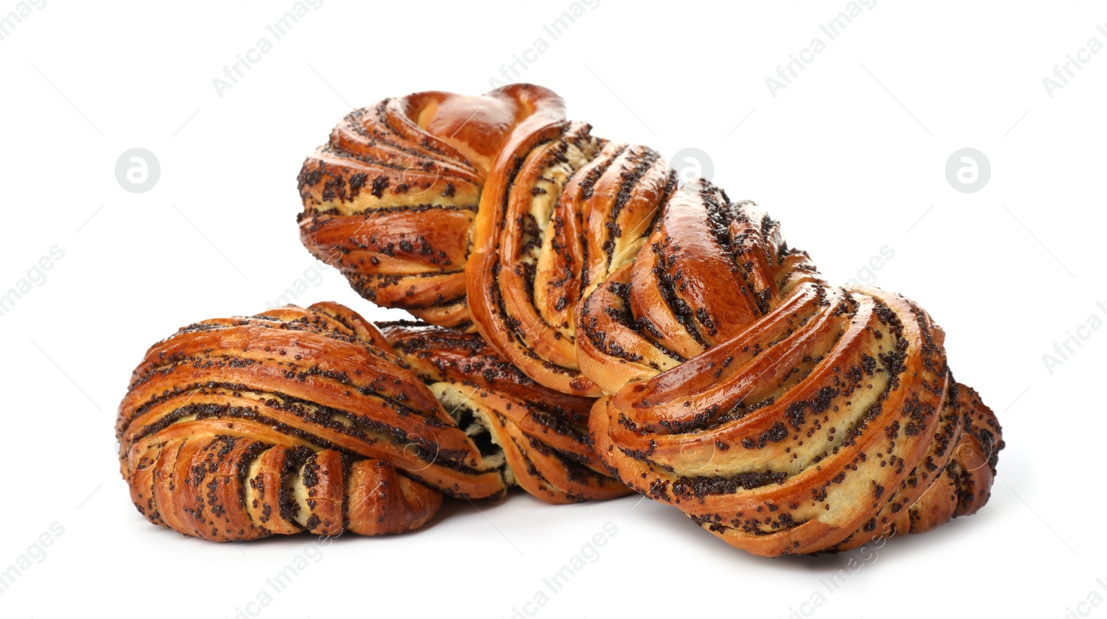 Photo of Tasty sweet buns with poppy seeds on white background