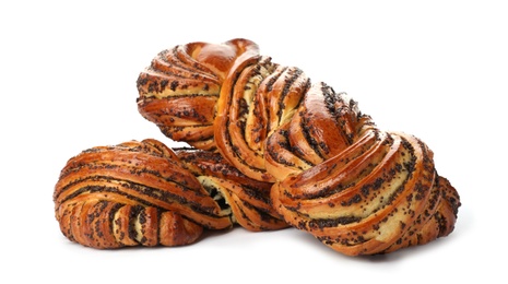 Photo of Tasty sweet buns with poppy seeds on white background