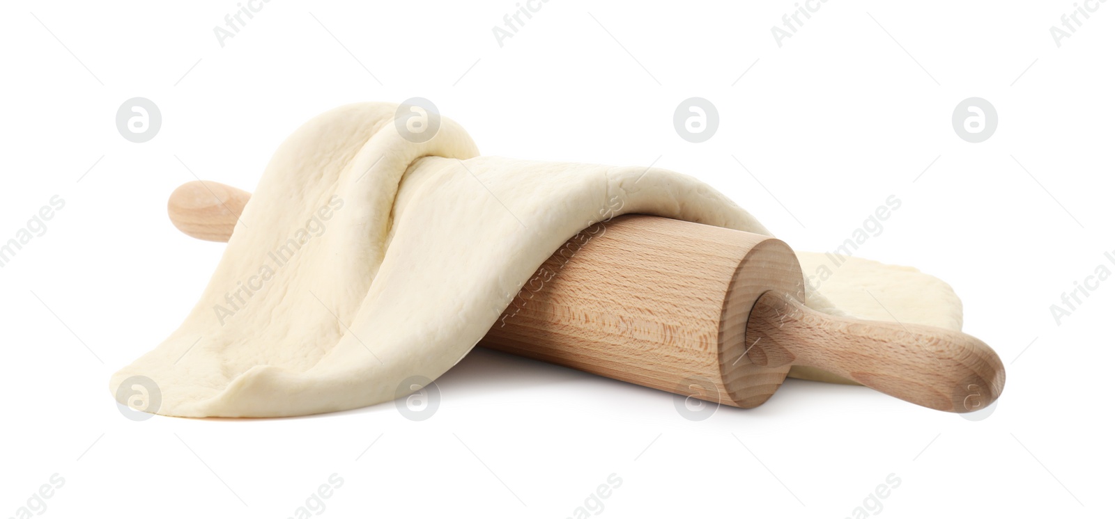 Photo of Raw dough and rolling pin isolated on white