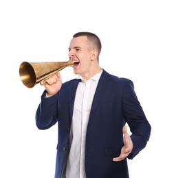 Photo of Young emotional businessman with megaphone on white background